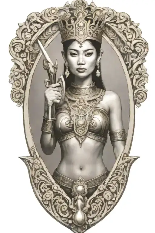 thai maiden wearing golden crown, holding sword and shield  tattoo design idea