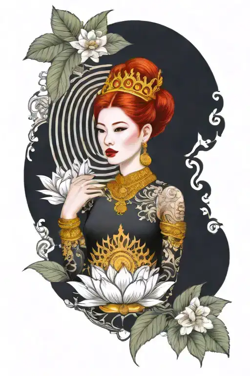 redhair maiden wearing golden Thai crown, traditional Thai deeas and incorporate japanese tide and sail boat background tattoo design idea