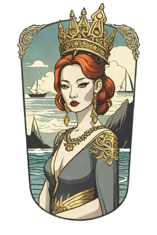 redhair maiden wearing golden Thai crown and thai dress. sea and sailboat in the background tattoo design idea
