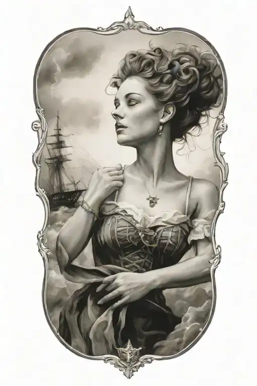 figurehead of ship sailing through stormy tattoo design idea