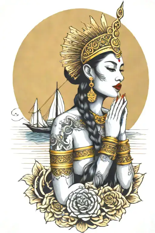 praying maiden wearing tall gold Thai headress incorporate sailboat in the background tattoo design idea