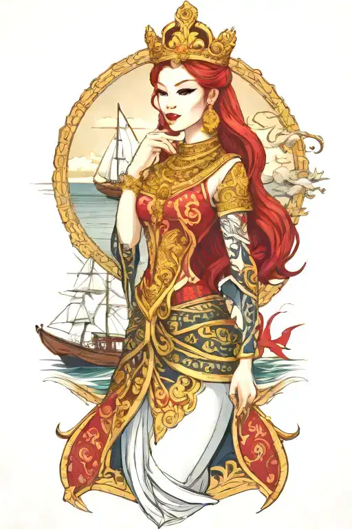 redhair maiden, golden Thai crown, traditional Thai dress. incorporate tides and sail boat background tattoo design idea