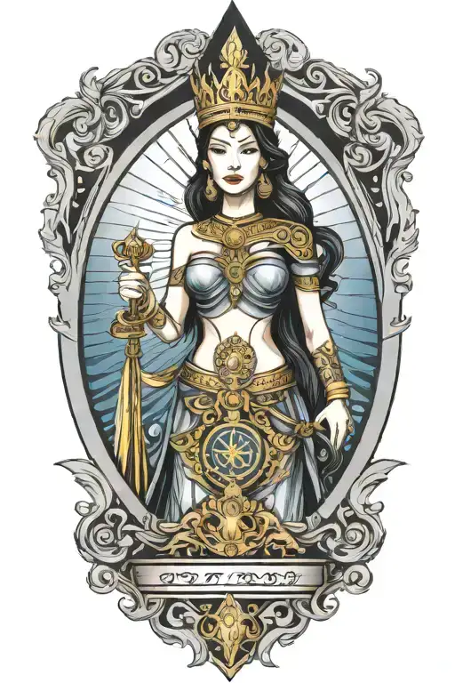 beautiful woman holding Shield, Thai style golden crown, incorporate sailboat sailing in the blue sea in the background tattoo design idea