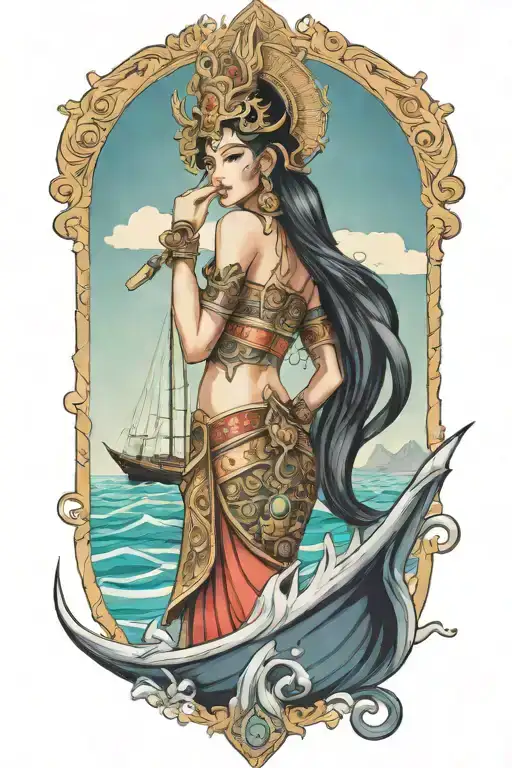 Thai Goddess warrior incorporate sail boat in the background tattoo design idea
