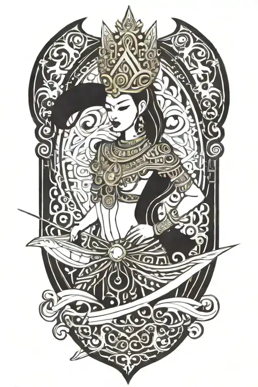 Thai maiden warrior incorporate sail boat in the background, Gold crown tattoo design idea