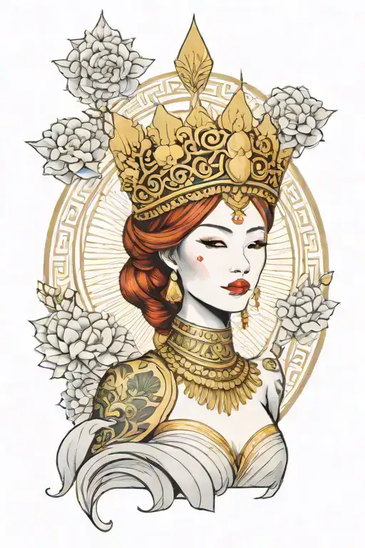 redhead woman wearing golden Thai crown, incorporate japanese tide and sail boat tattoo design idea