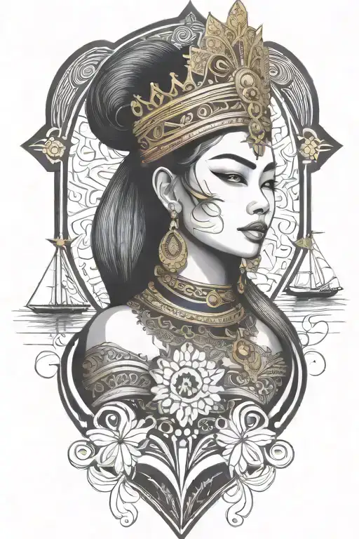 Thai maiden warrior incorporate sail boat in the background, Gold crown tattoo design idea