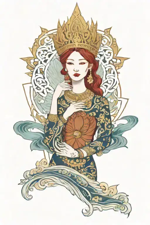 redhead woman wearing golden Thai crown, incorporate japanese tide and sail boat tattoo design idea