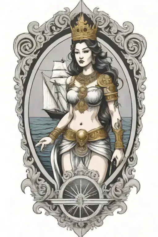 beautiful woman holding Shield, Thai style crown, incorporate sailboat sailing in the sea in the background tattoo design idea
