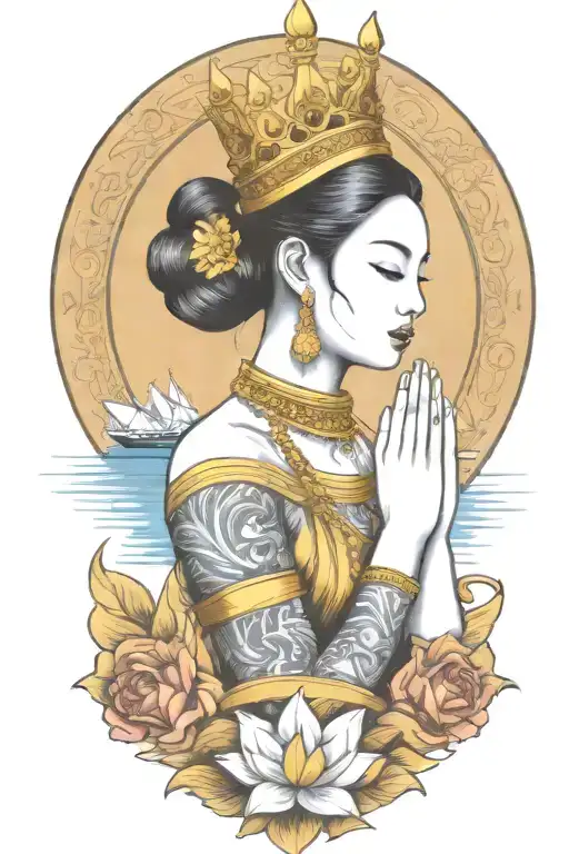 praying maiden wearing Thai gold crown incorporate sailboat in the background tattoo design idea