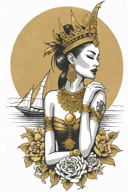 praying maiden wearing tall gold Thai headress incorporate sailboat in the background tattoo design idea