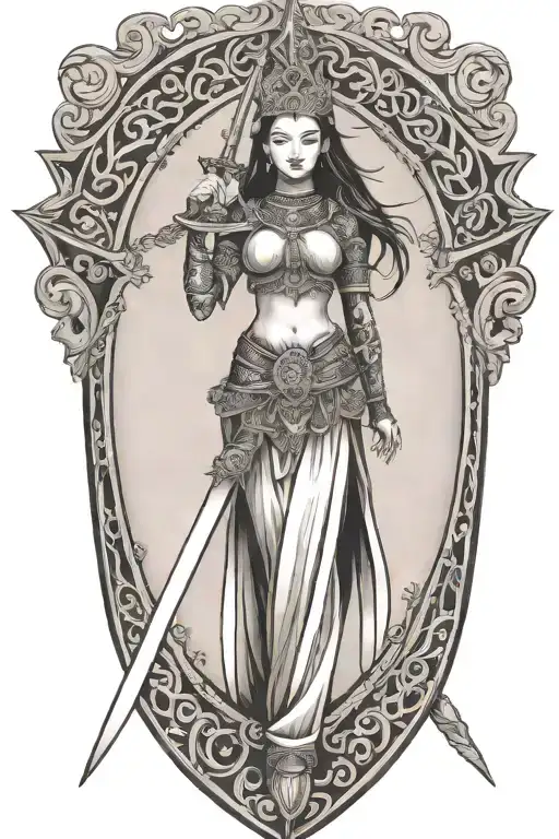 thai maiden sword and shield tattoo design idea