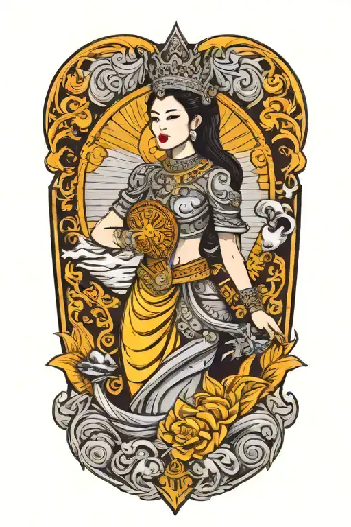 beautiful thai woman holding Shield, Thai style crown, incorporate sailboat sailing in the sea in the background tattoo design idea