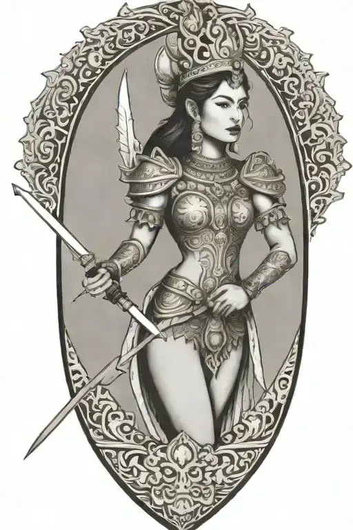 thai maiden wearing golden crown, holding sword and shield  tattoo design idea