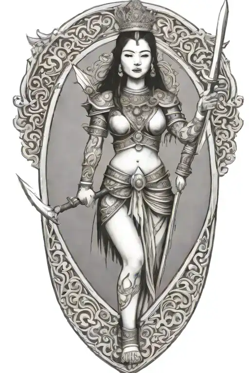 thai maiden wearing golden crown, holding sword and shield  tattoo design idea
