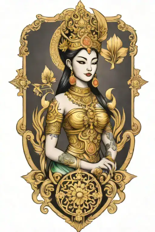 thai goddess bearing Gold Shield protection family tattoo design idea