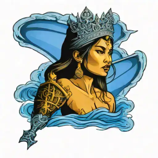 beautiful thai woman holding Shield, Thai style crown, incorporate sailboat sailing in the sea in the background tattoo design idea