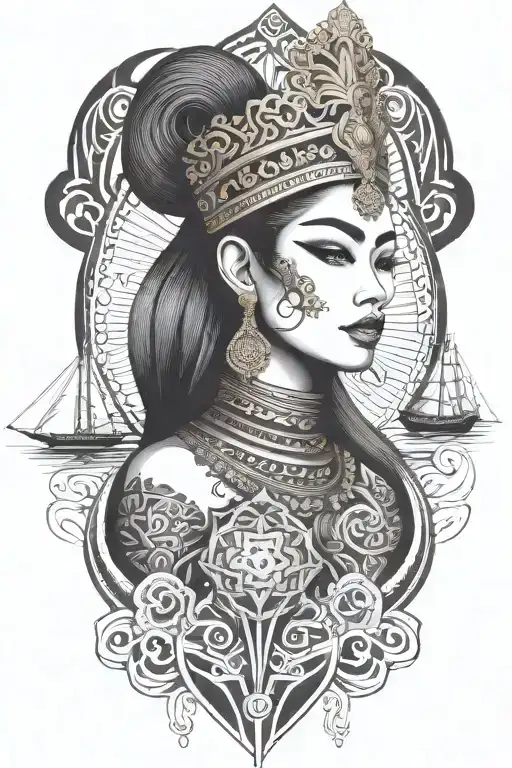 Thai maiden warrior incorporate sail boat in the background, Gold crown tattoo design idea