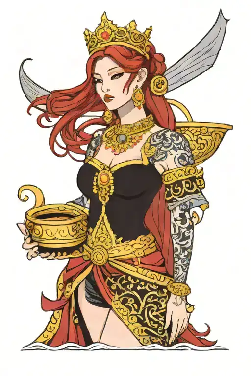redhair maiden, golden Thai crown, traditional Thai dress. incorporate tides and sail boat background tattoo design idea