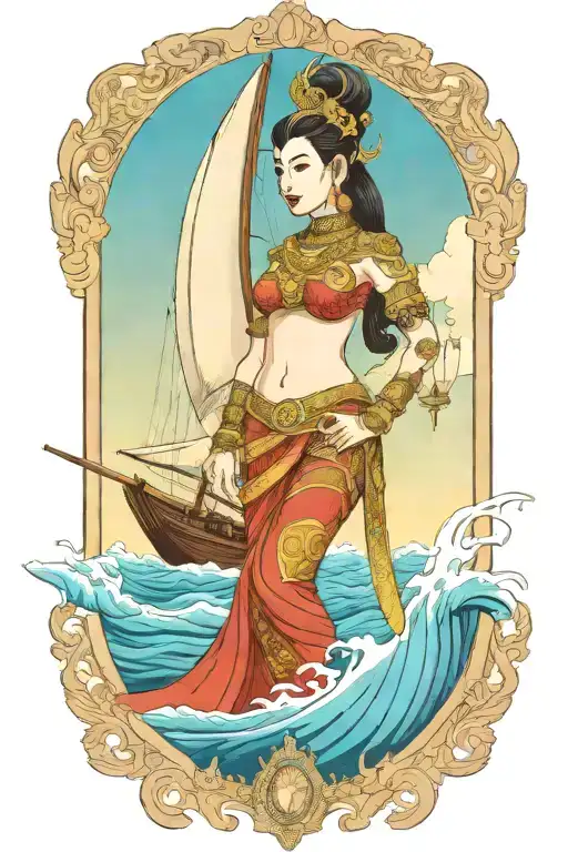 Thai Goddess warrior incorporate sail boat in the background tattoo design idea