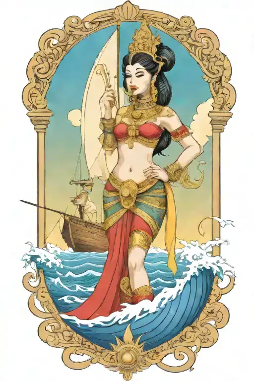 Thai Goddess warrior incorporate sail boat in the background tattoo design idea
