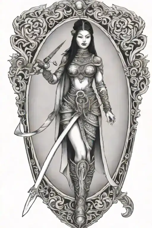 thai maiden sword and shield tattoo design idea