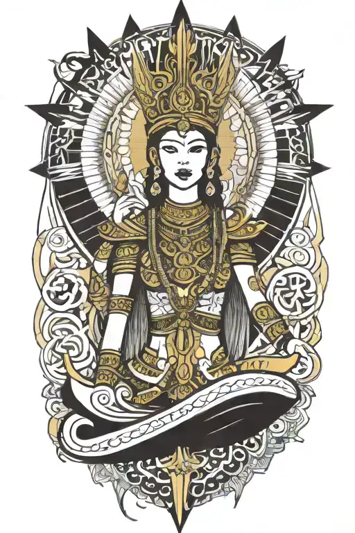 Thai maiden warrior incorporate sail boat in the background, Gold crown tattoo design idea