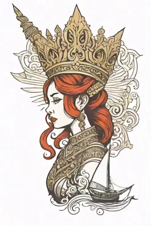 redhair maiden wearing golden Thai crown and thai dress. sea and sailboat in the background tattoo design idea