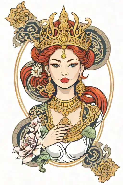 redhair maiden wearing golden Thai crown, traditional Thai deeas and incorporate japanese waves and sail boat background tattoo design idea