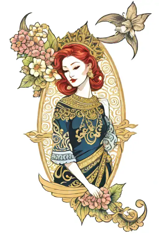 redhair maiden wearing golden Thai crown, traditional Thai dress and incorporate japanese waves and sail boat background tattoo design idea