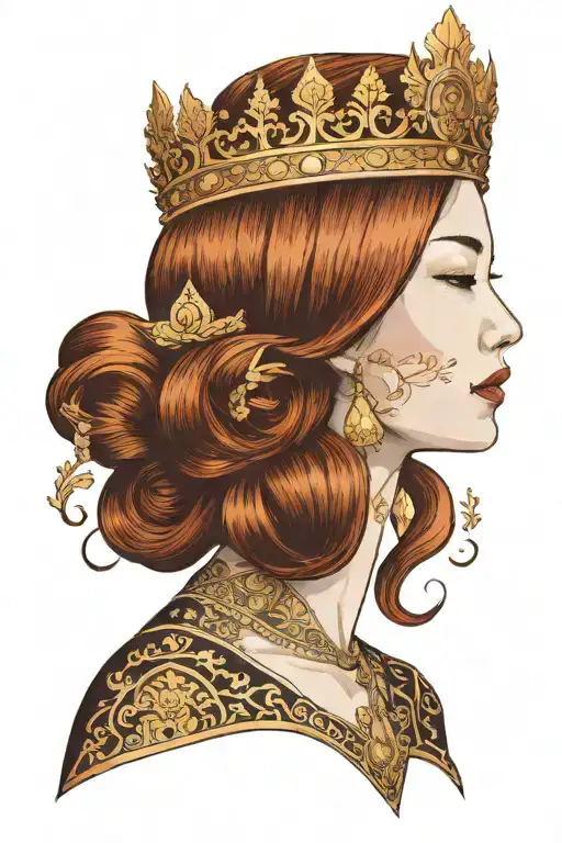 redhead woman wearing golden Thai crown, incorporate japanese tide and sail boat tattoo design idea