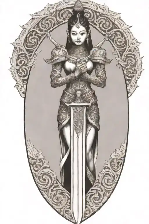thai maiden sword and shield tattoo design idea