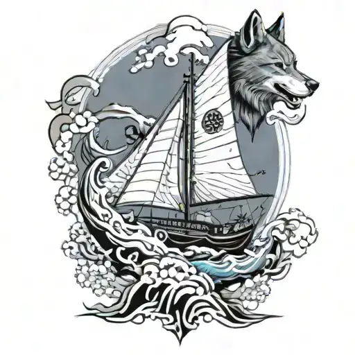 sail boat with wolf figurehead tattoo design idea