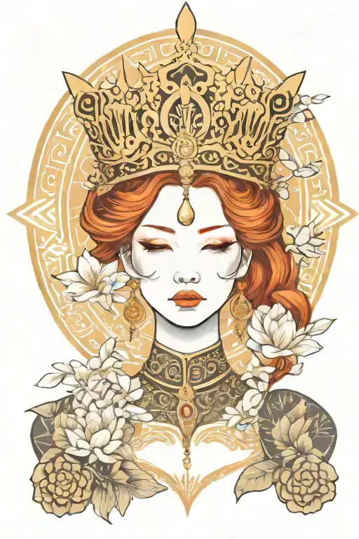 redhead woman wearing golden Thai crown, incorporate japanese tide and sail boat tattoo design idea