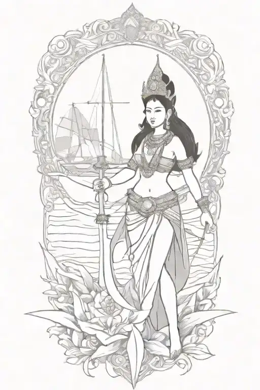 Thai Goddess warrior incorporate sail boat in the background tattoo design idea