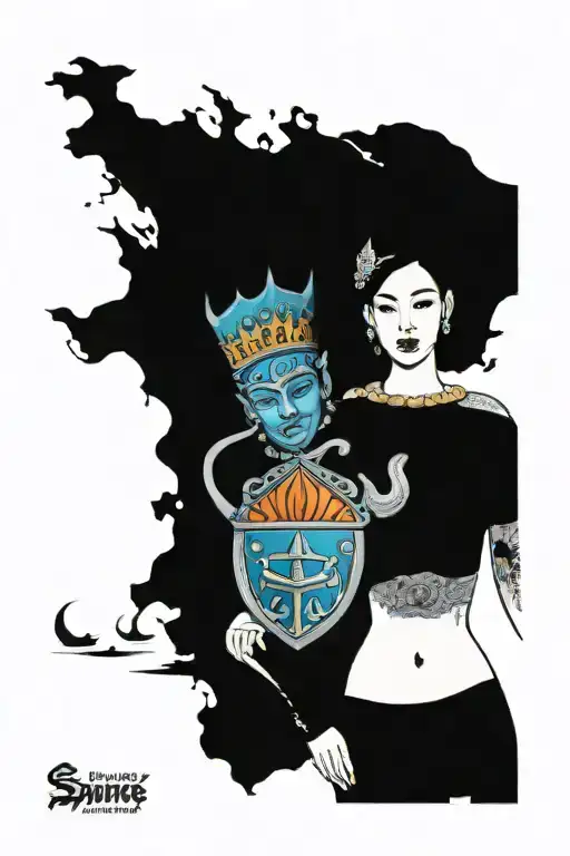 beautiful thai woman holding Shield, Thai style crown, incorporate sailboat sailing in the sea in the background tattoo design idea