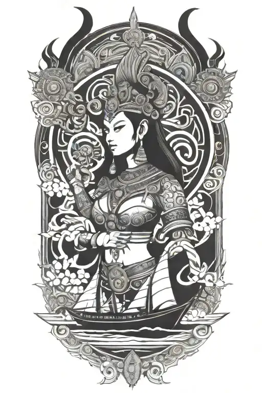 Thai Goddess warrior incorporate sail boat in the background tattoo design idea