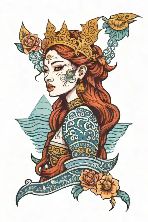 redhead woman wearing Thai crown and dress incorporate blue high tide and sail boat tattoo design idea