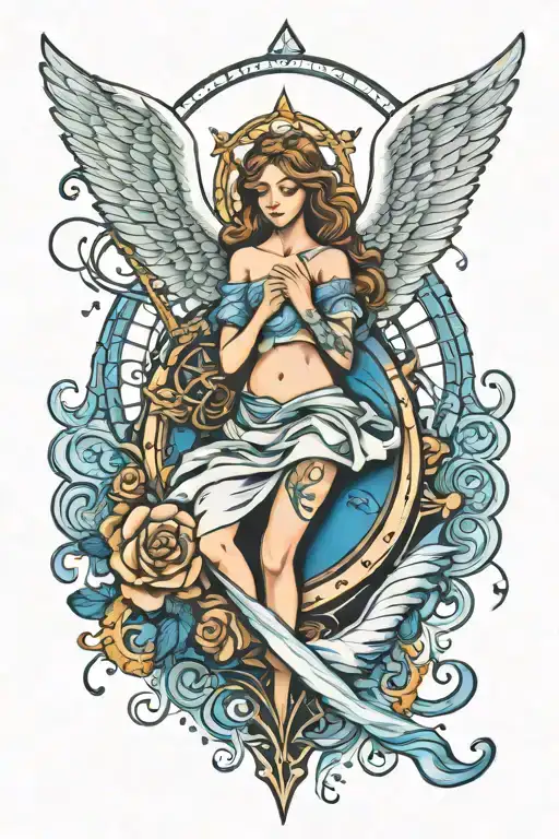 Angel  incorporate blue high tide and sail boat tattoo design idea