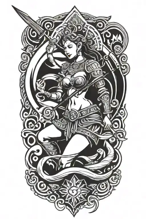 Thai Goddess warrior incorporate sail boat in the background tattoo design idea