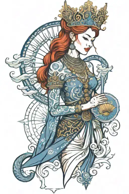 redhead woman wearing Thai crown and dress incorporate blue high tide and sail boat tattoo design idea