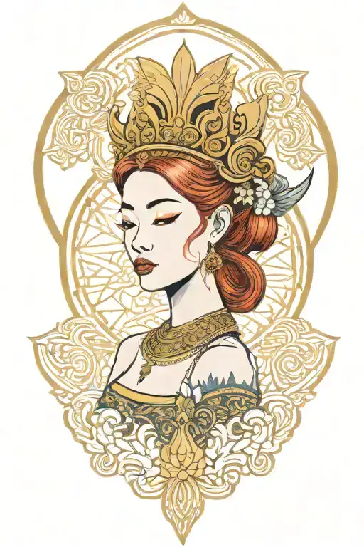 redhair maiden wearing golden Thai crown, traditional Thai deeas and incorporate japanese tide and sail boat background tattoo design idea