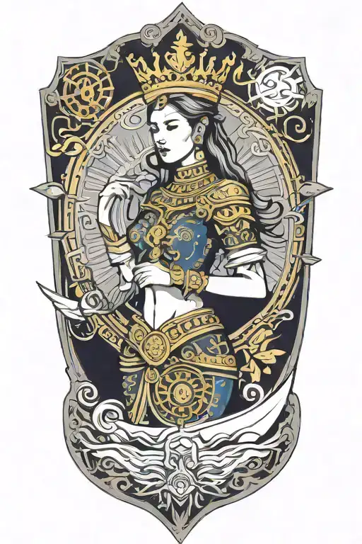 beautiful woman holding Shield, Thai style golden crown, incorporate sailboat sailing in the blue sea in the background tattoo design idea
