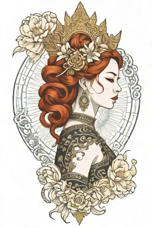 redhead woman wearing golden Thai crown, incorporate japanese tide and sail boat tattoo design idea