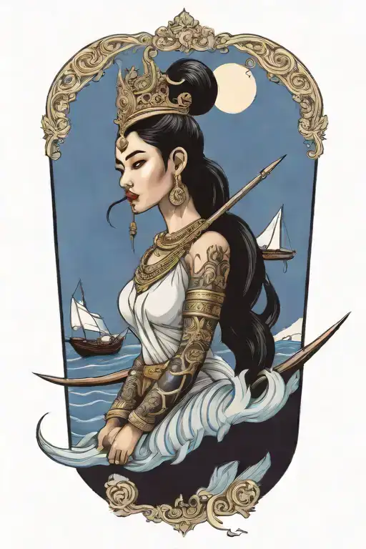 Thai Goddess warrior incorporate sail boat in the background tattoo design idea
