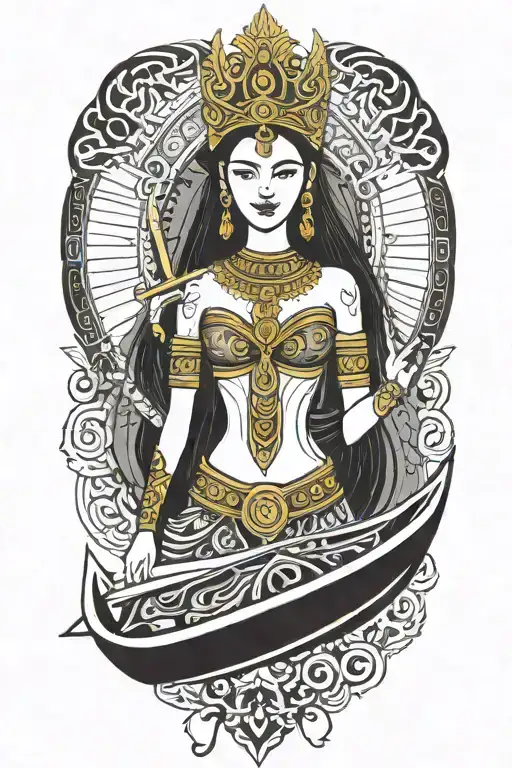Thai maiden warrior incorporate sail boat in the background, Gold crown tattoo design idea