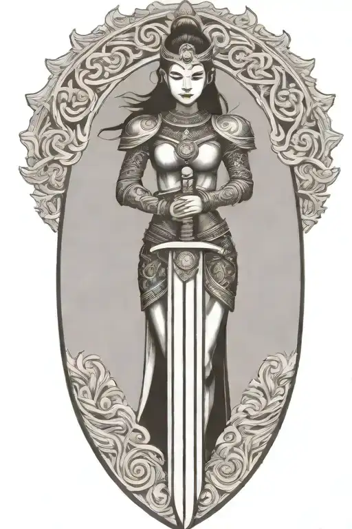thai maiden sword and shield tattoo design idea