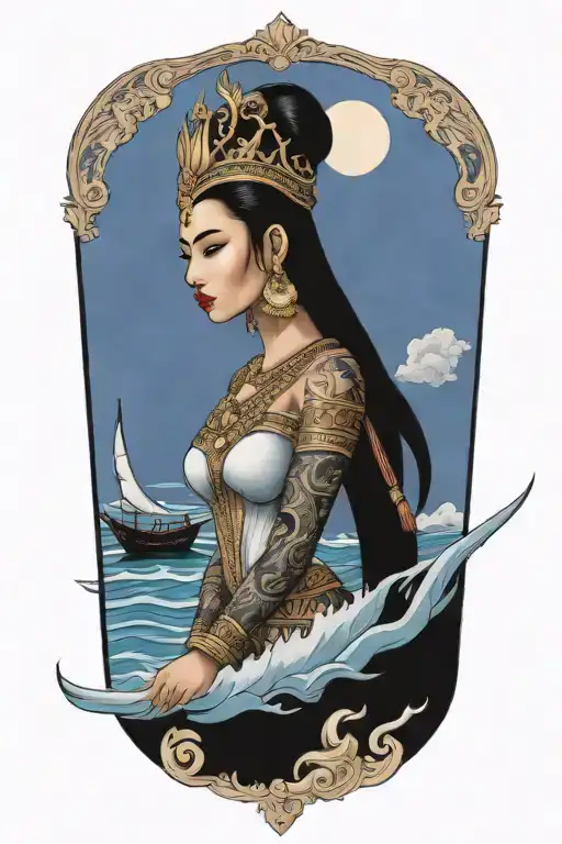 Thai Goddess warrior incorporate sail boat in the background tattoo design idea