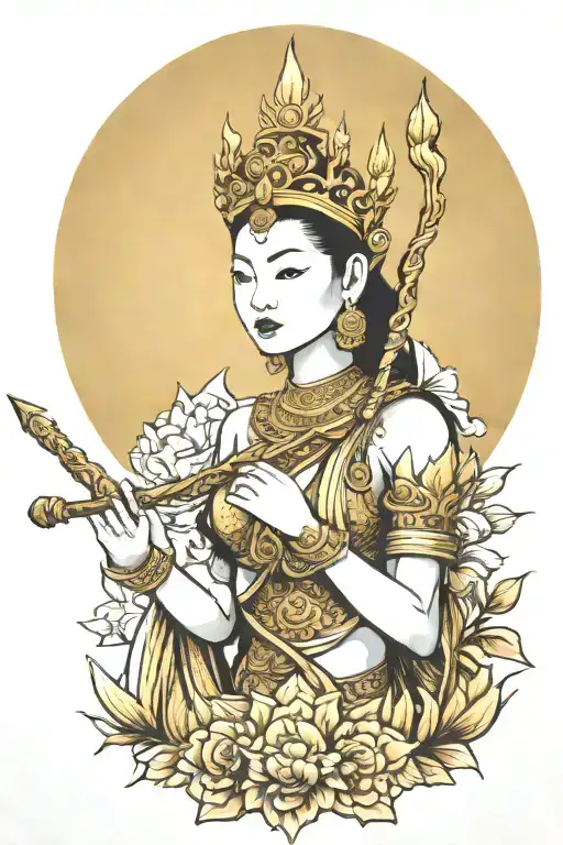 Goddes golden thai crown holding a staff tattoo design idea
