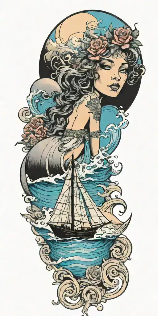 goddess incorporate blue  high tide and sail boat tattoo design idea